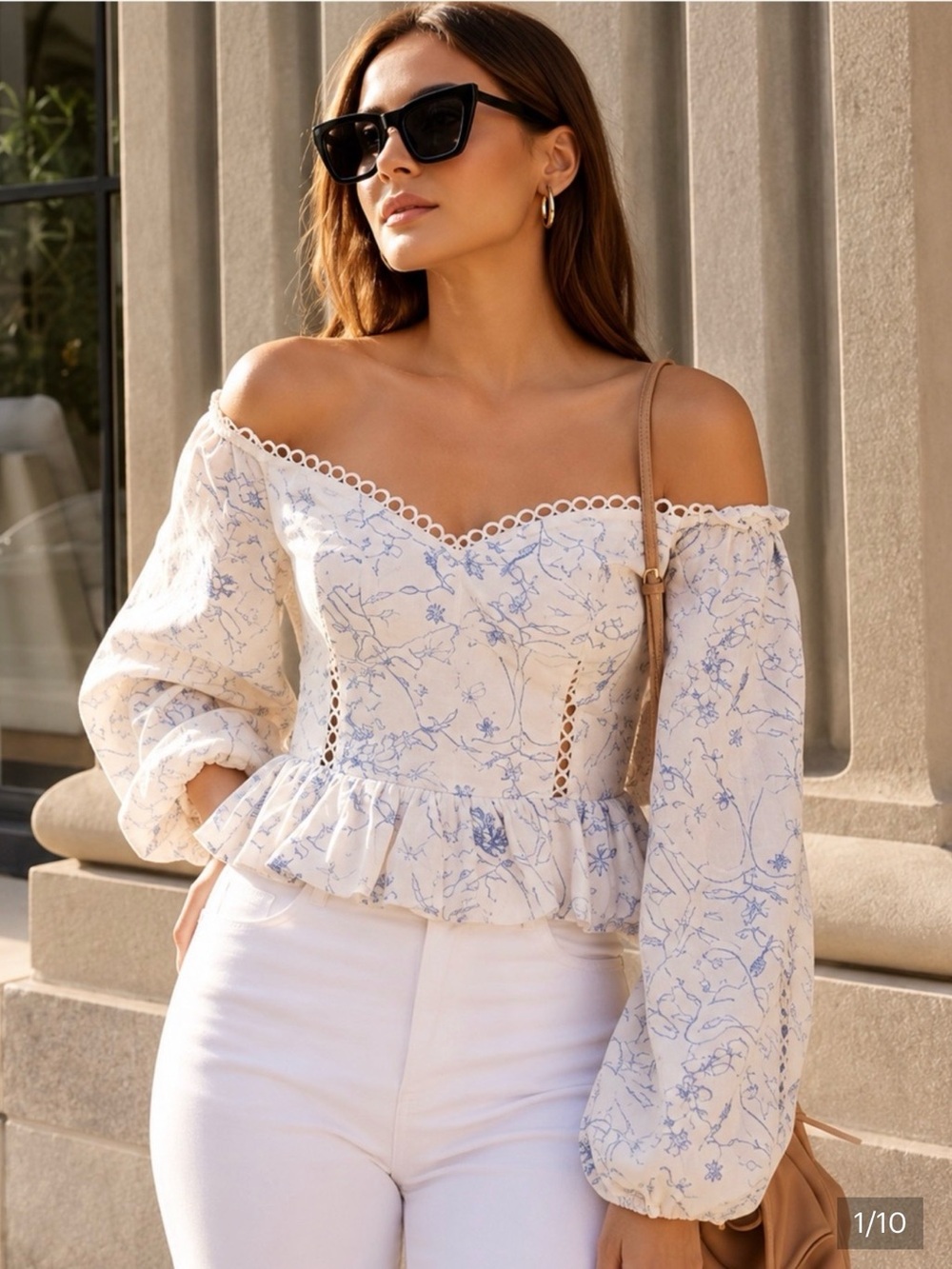 Express Cream Off-Shoulder Blouse with Blue Floral Print